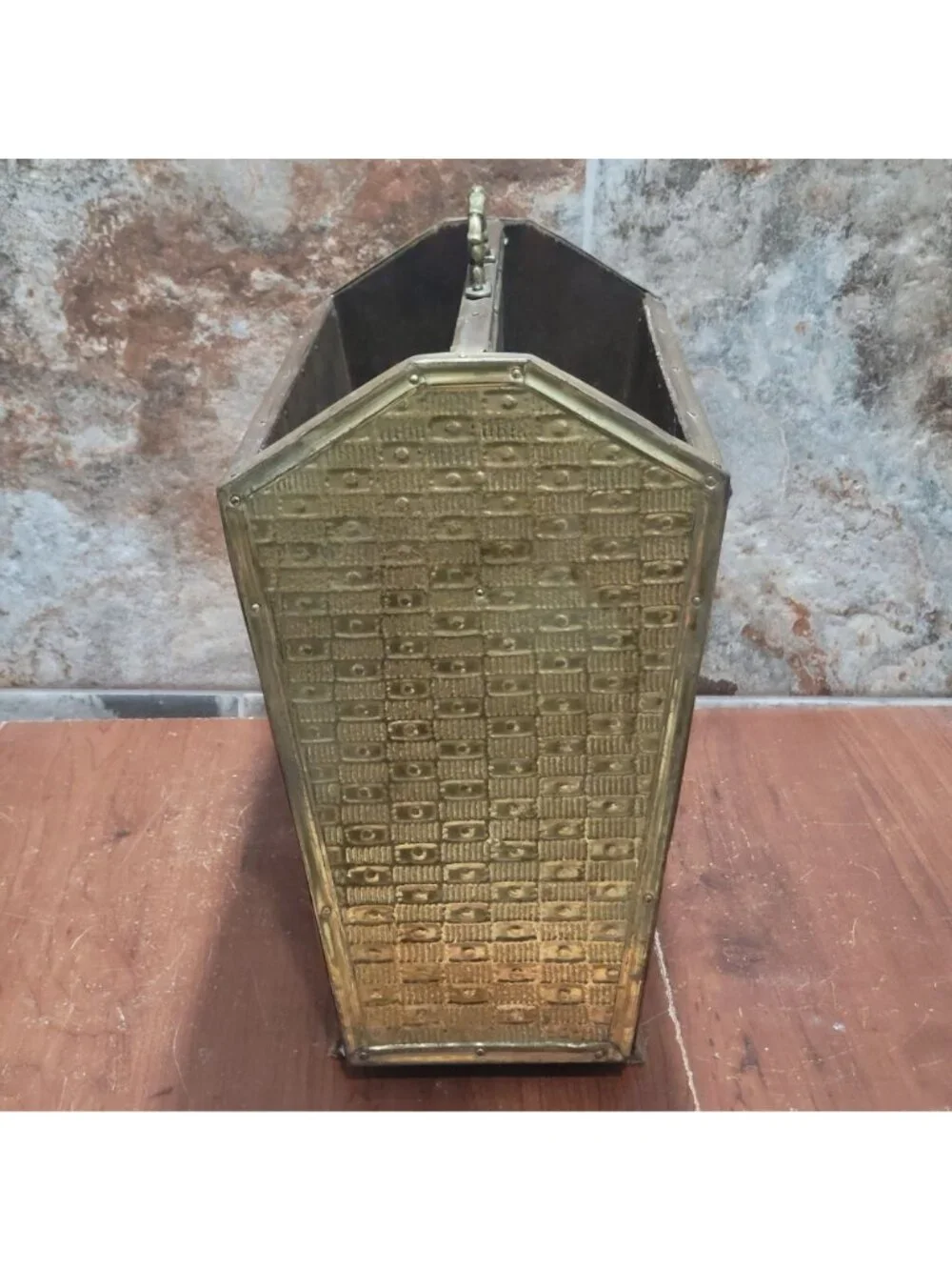 Antique Embossed Brass Fireplace Coal Box Magazine Bin Sailing Ships Vintage